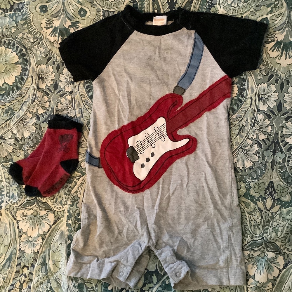 Gymboree guitar shorts romper and matching socks